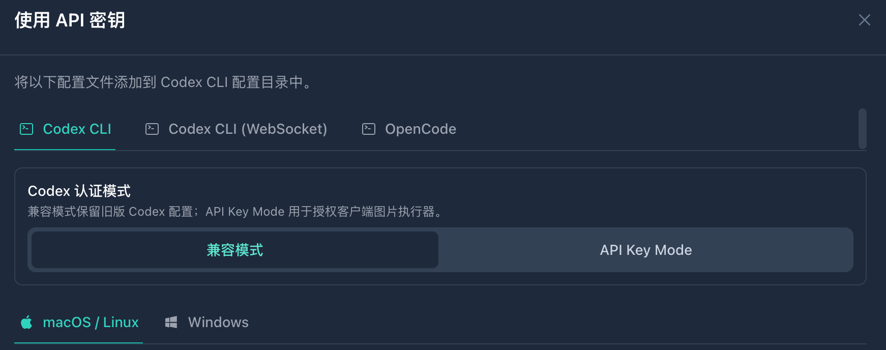 使用密钥弹窗中的 Claude Code 配置入口