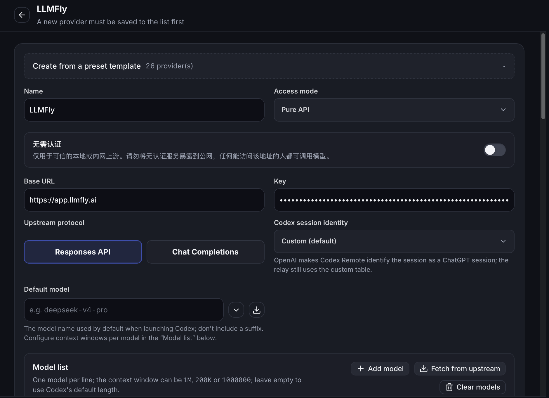 Fill in the LLMFly provider details